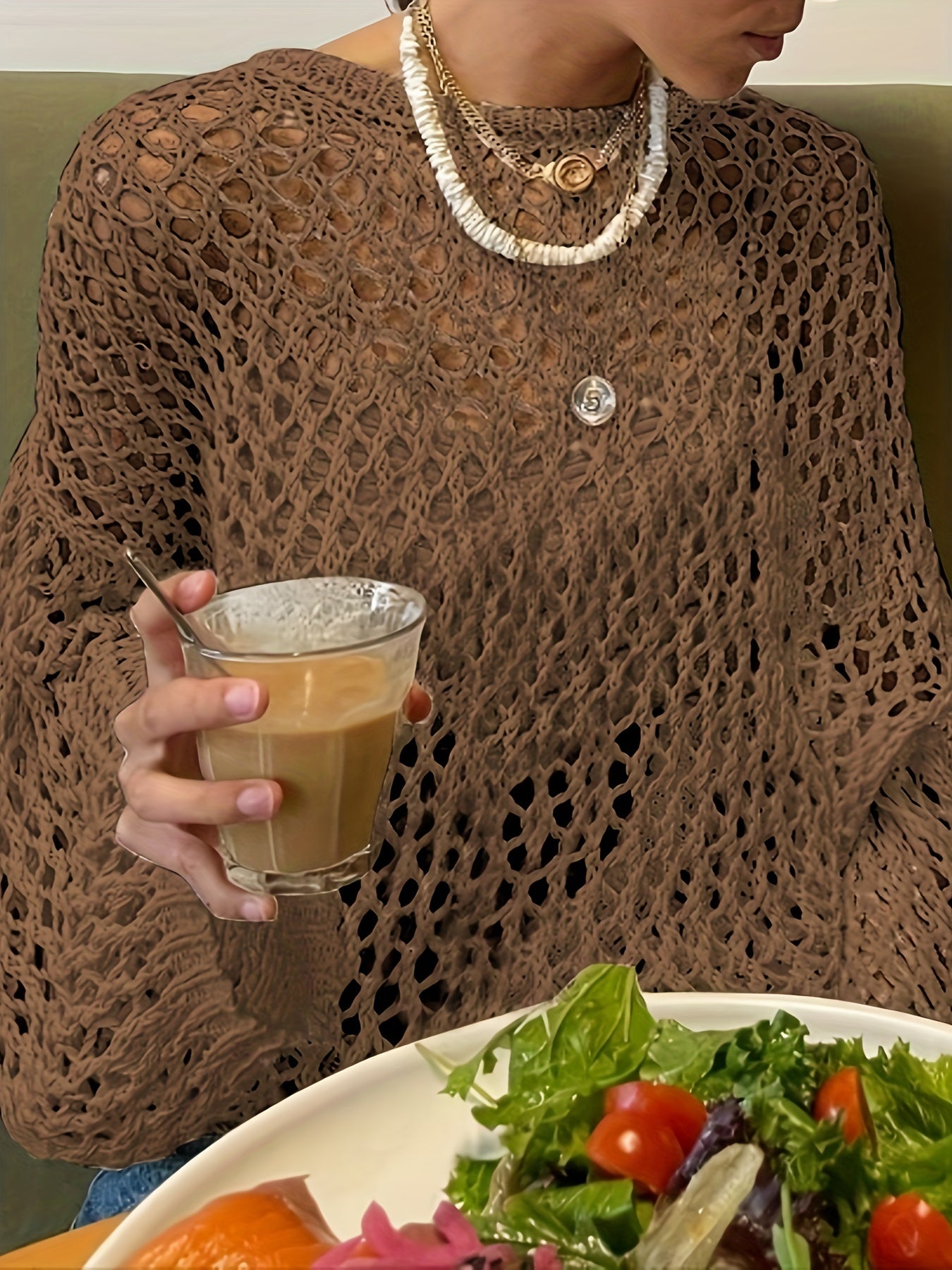 Women's Plus Size Hollow Out Long Sleeve Sweater