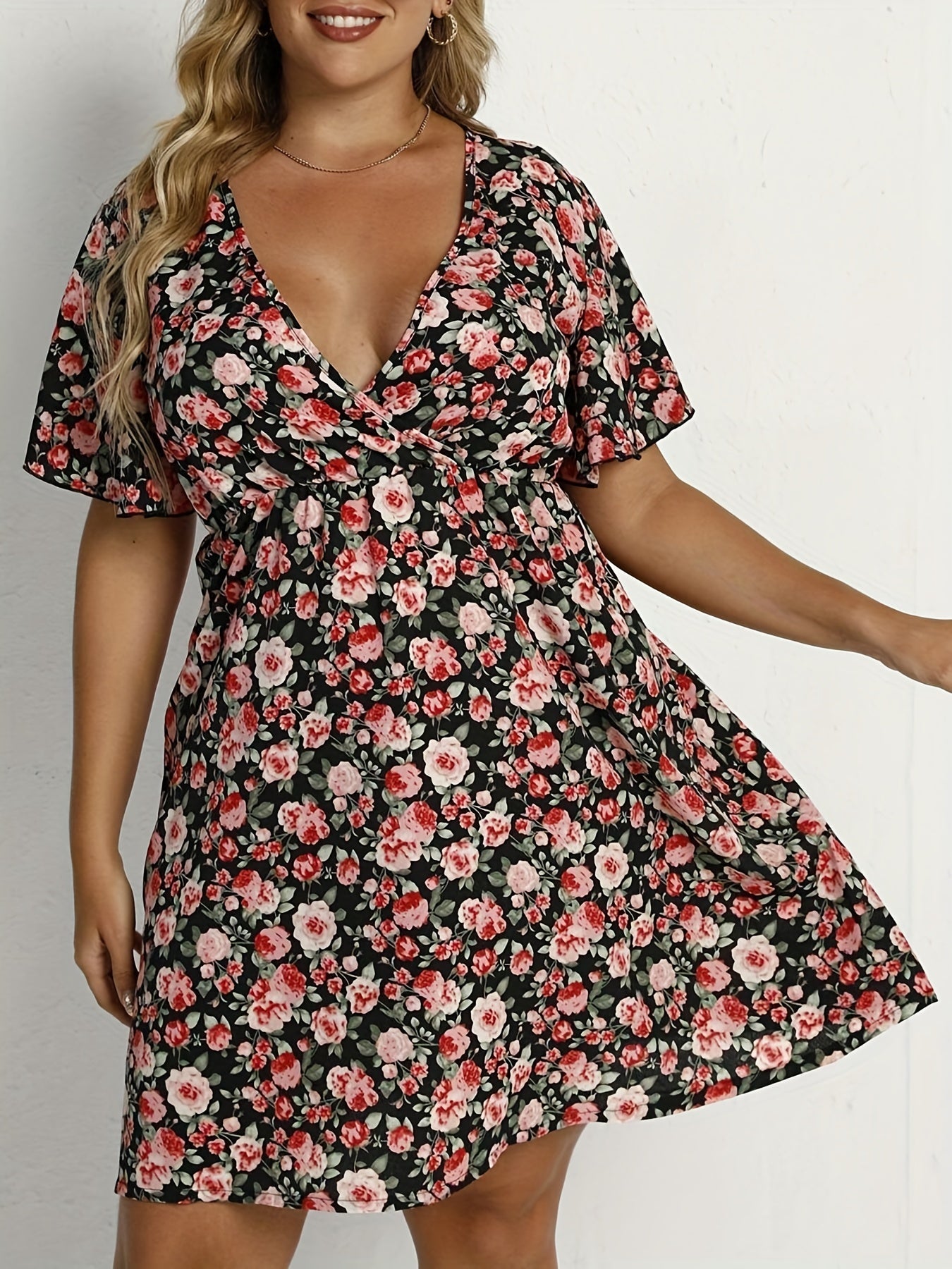  Floral Print Flutter Sleeve Dress