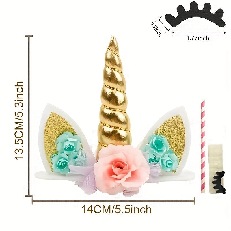 Unicorn Cake Topper Eyelashes Golden Horn for Party Baby Shower Wedding