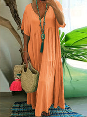  Solid V Neck Ruffle Trim Smock Dress