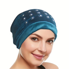 Rhinestone Decor Turban Cap Velvet Head Wrap Elastic Bonnet Head Scarf Women