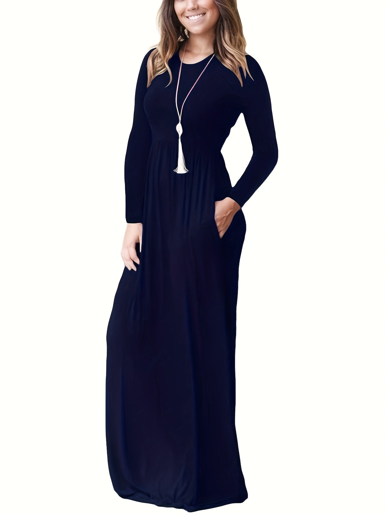  Solid Long Sleeve Maxi Dress