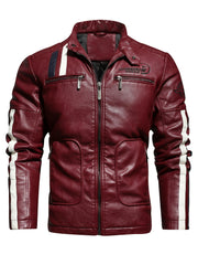 Men's Cycling Jacket Zipper Pockets Washed PU Leather Lapel Zip Up Jacket