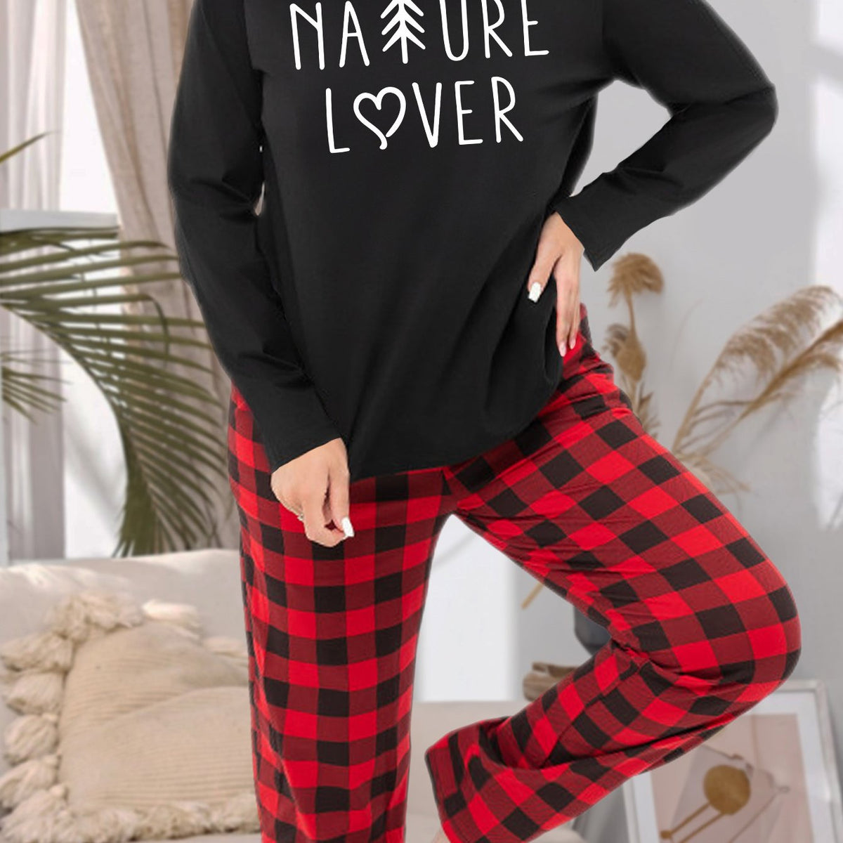  Letter Graphic Long Sleeve Tee & Plaid Pants Lounge Set