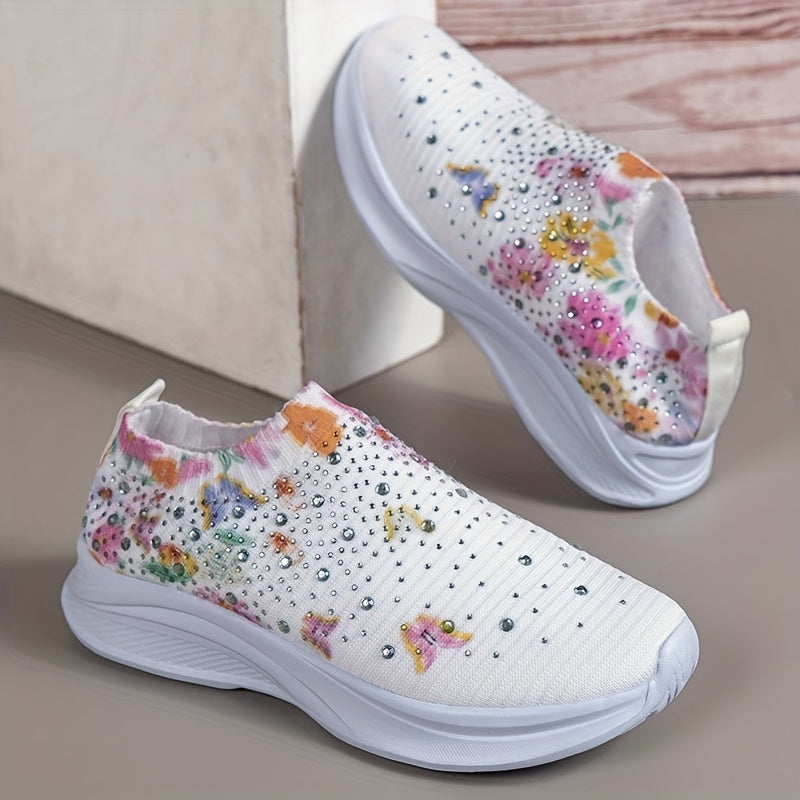 Women's Rhinestone Knit Sock Sneakers Casual Low Top Slip On Shoes