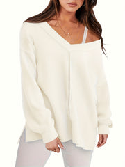  Solid Long Sleeve V Neck Knit Top