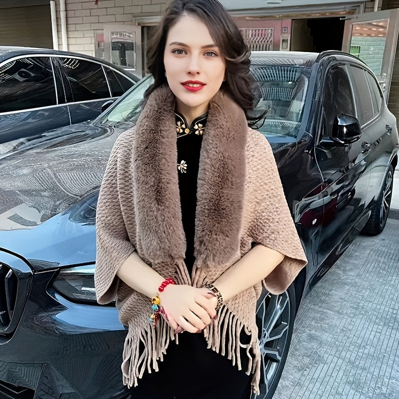 Knitted Shawl Rabbit Fur Collar Tassel Cape Cardigan for Women
