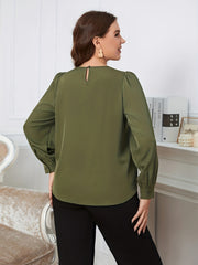  Solid Long Sleeve Keyhole Blouse