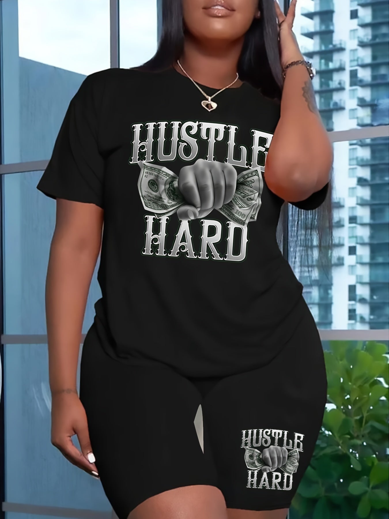 Money Print Short Sleeve Tee & Biker Shorts Set Women's Plus Size