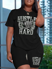 Money Print Short Sleeve Tee & Biker Shorts Set Women's Plus Size