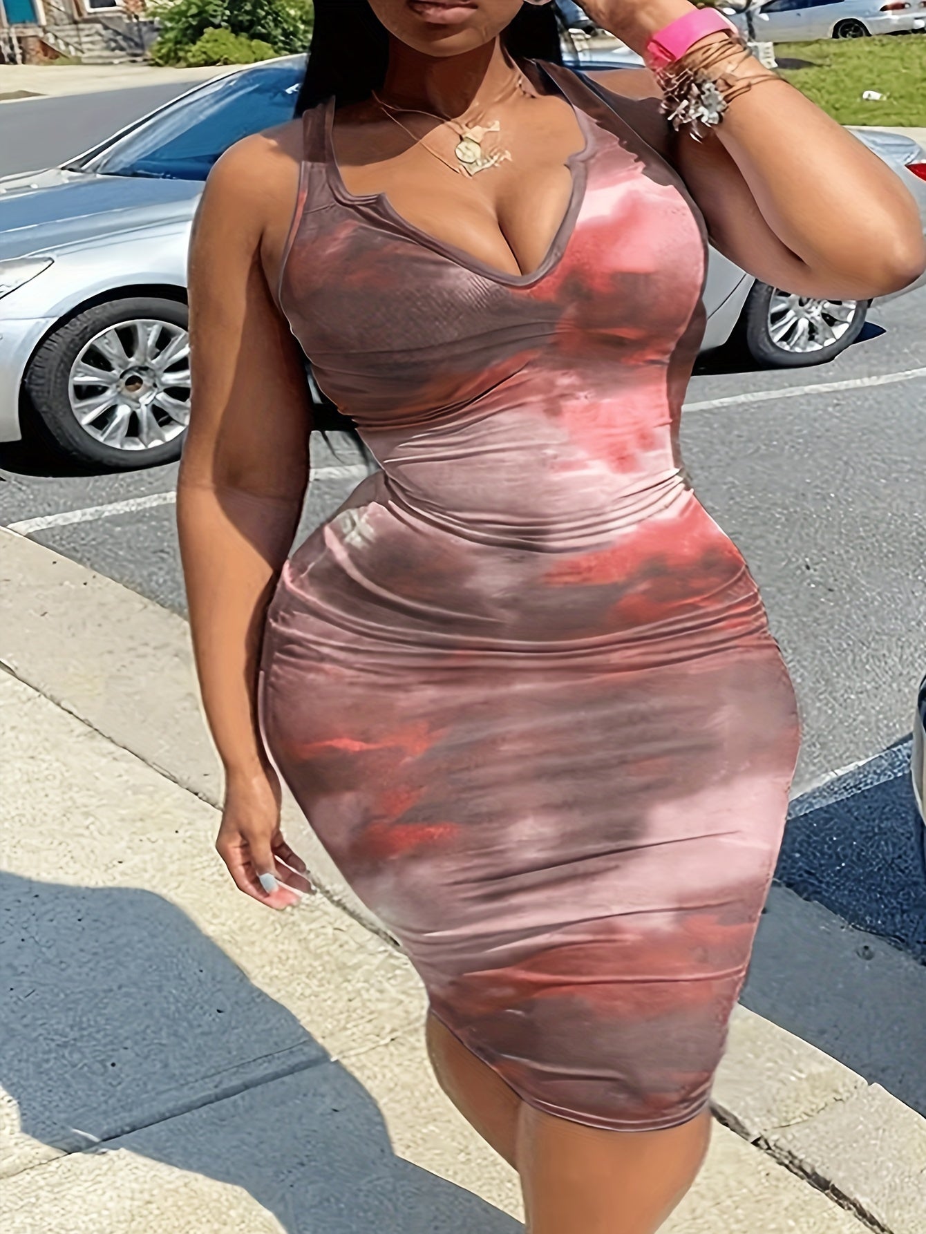  Tie Dye Notched Neck Tank Dress