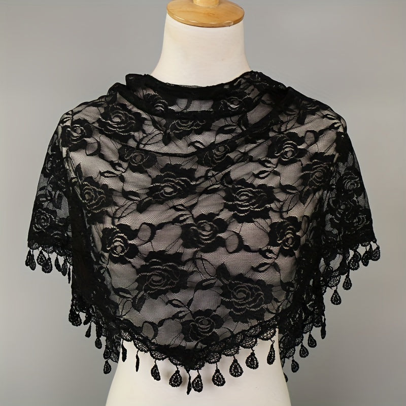 Rose Embroidery Lace Tassel Triangle Scarf Outdoor Windproof Head Wrap