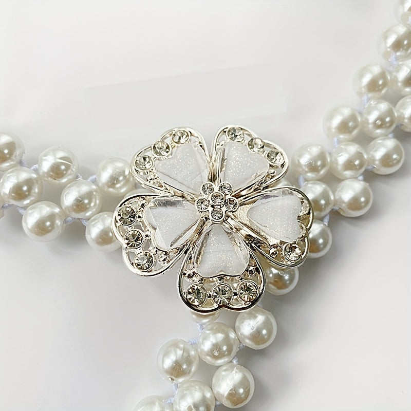 Faux Pearl Girdle Flower Decor Elastic Dress Waistband Chain Belts
