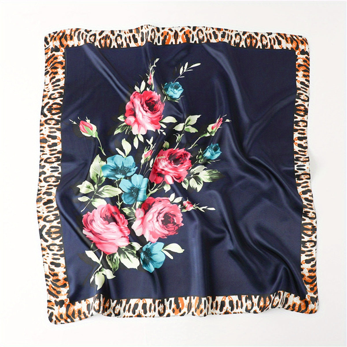 Flower Leopard Print Bandana Satin Shawl Silk Square Scarf