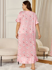  Nightdress Women's Plus Rabbit Print Ruffle Maxi Sleep Dress