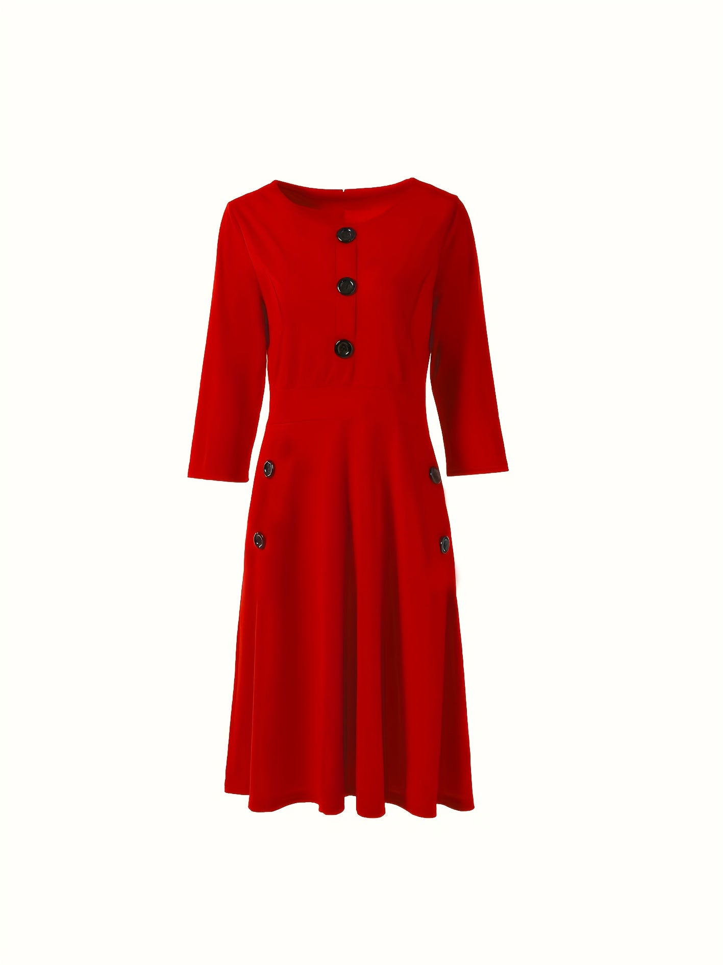  Button Decor 3/4 Sleeve Round Neck Stretch Dress