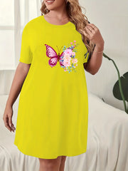  Floral Butterfly Print Sleep Dress Short Sleeve Round Neck Nightdress