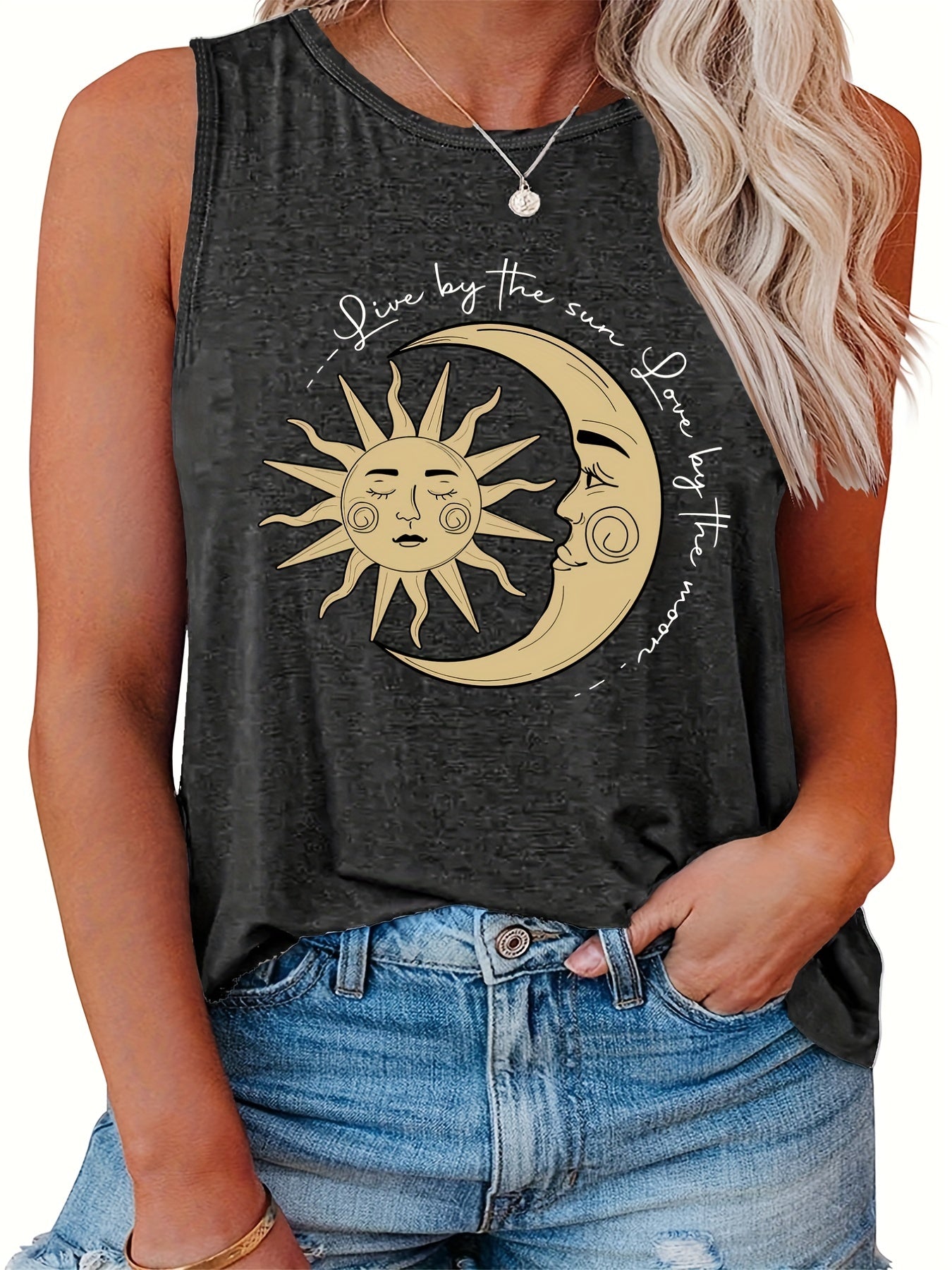  Sun & Moon Print Tank Top Round Neck Casual Slogan Plus Women