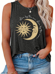 Sun & Moon Print Tank Top Round Neck Casual Slogan Plus Women