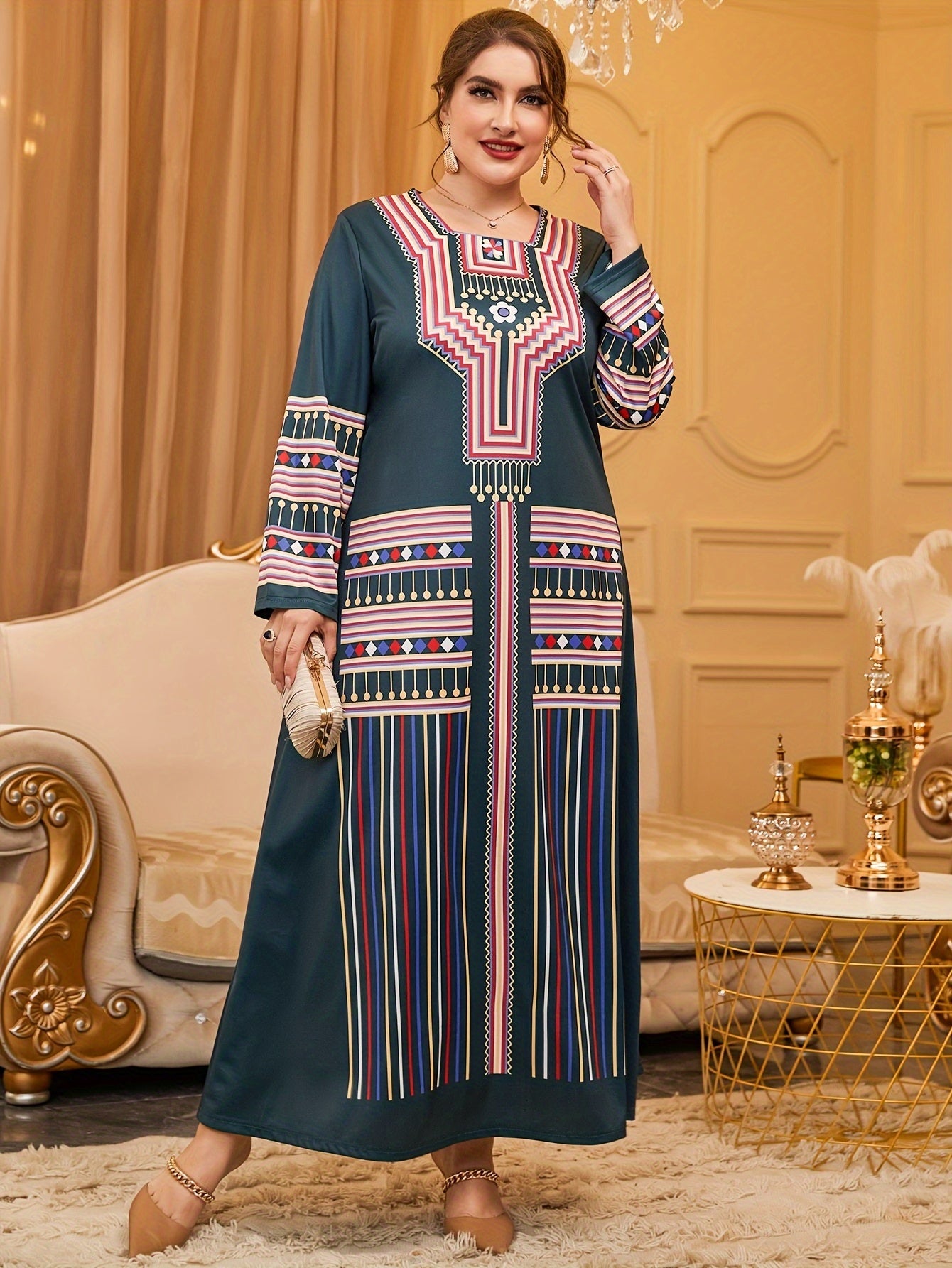  Geometric Print Abaya Dress Long Sleeve Square Neck Maxi