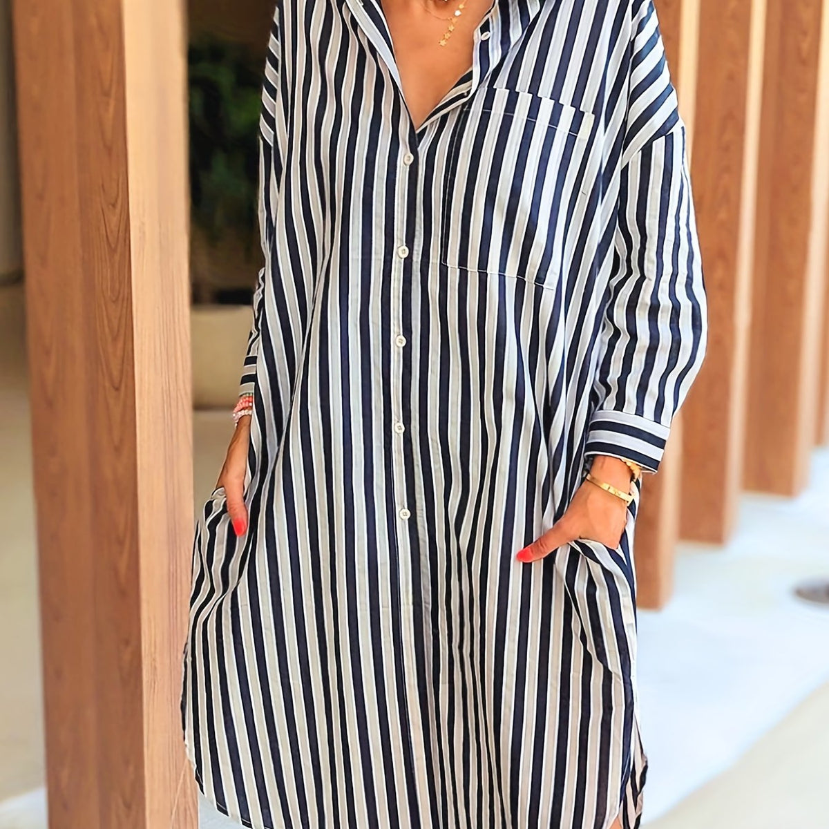  Stripe Print Polo Neck Shirt Dress With Pockets