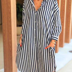  Stripe Print Polo Neck Shirt Dress With Pockets