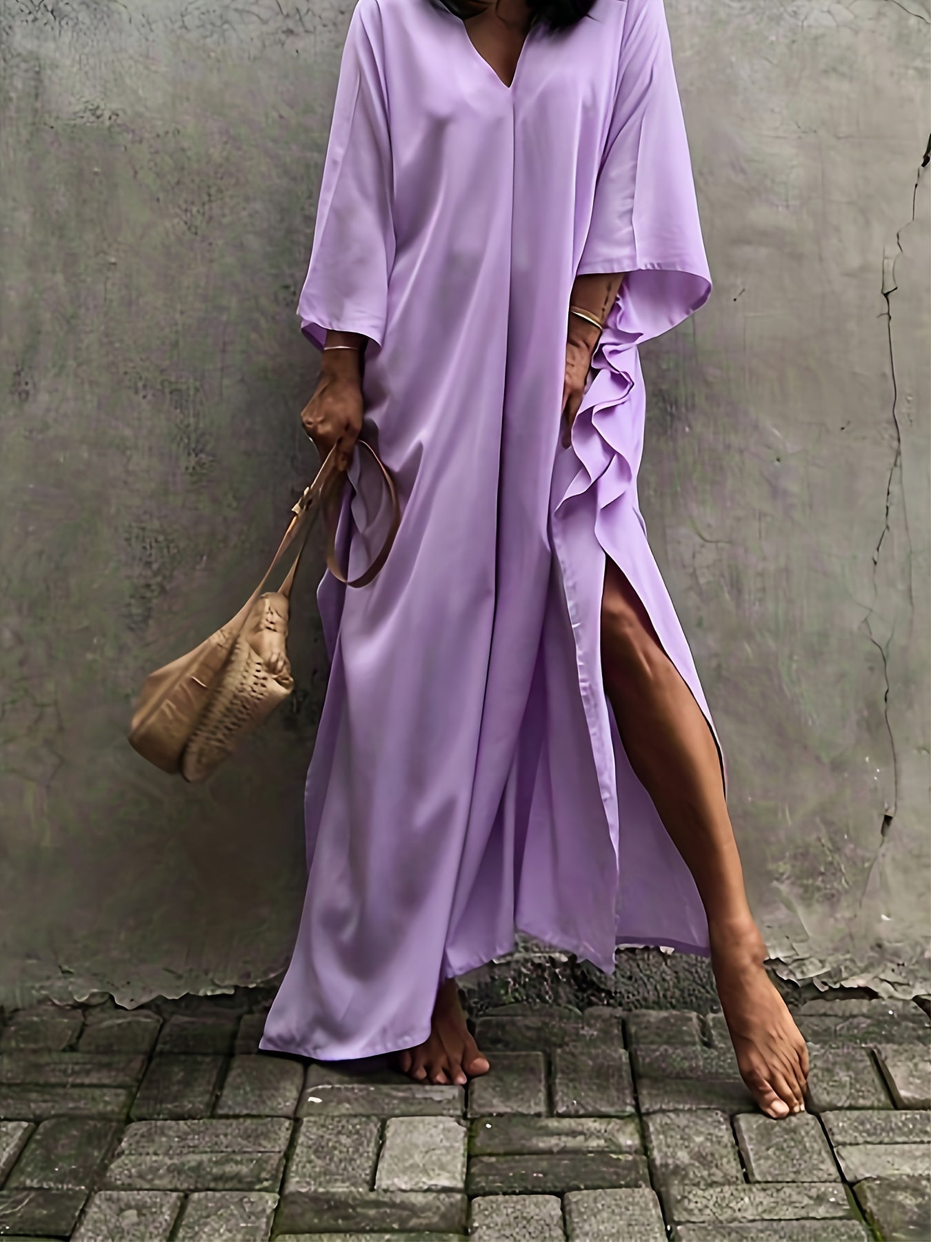  Vacay Cover Up Women's Plus Solid Batwing Sleeve V Neck Maxi Split Kaf