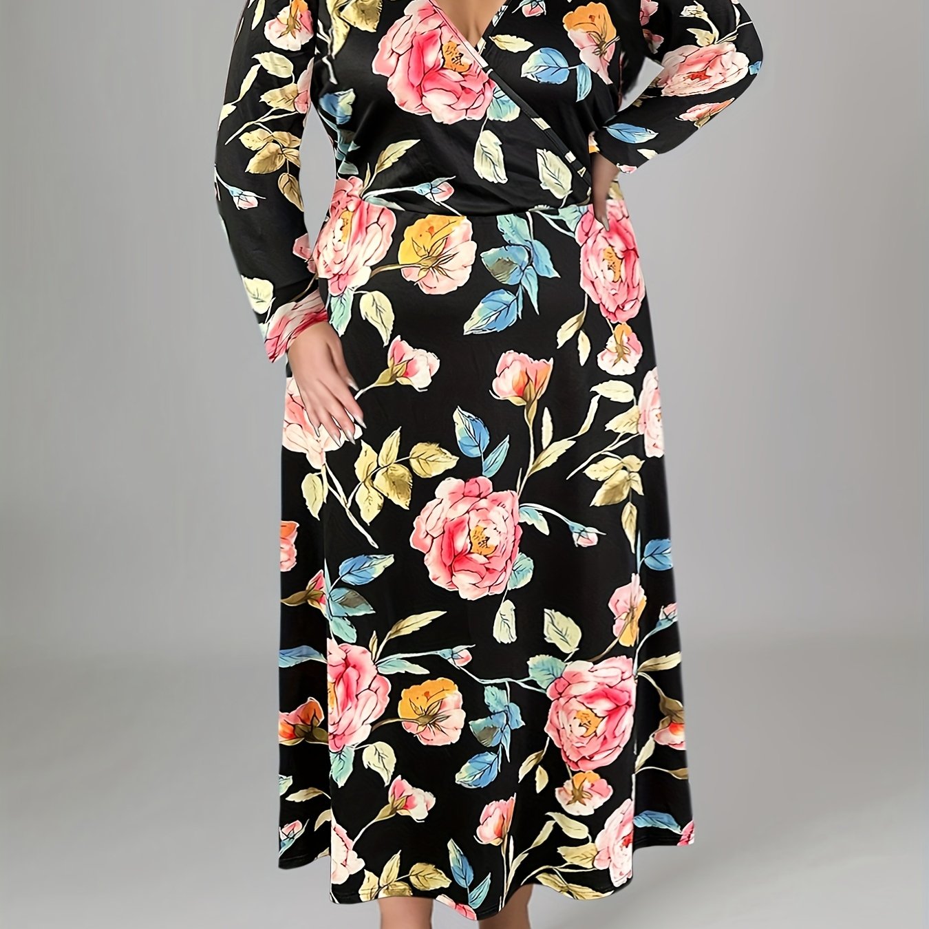 Floral Print Maxi Dress Long Sleeve Surplice Neck Plus Size