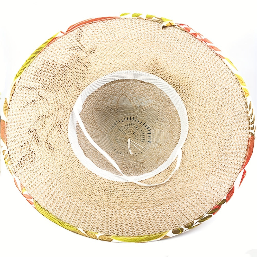 Vintage Flower Embroidery Sun Hat Beige Hollow Crochet Straw Hat UV Protection