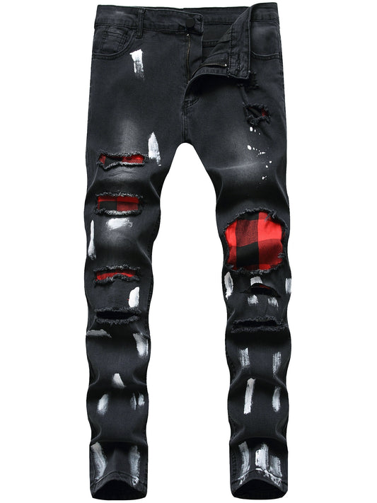 Paint Splash Plaid Ripped Jeans Mens Casual Street Style Slim Fit Distressed