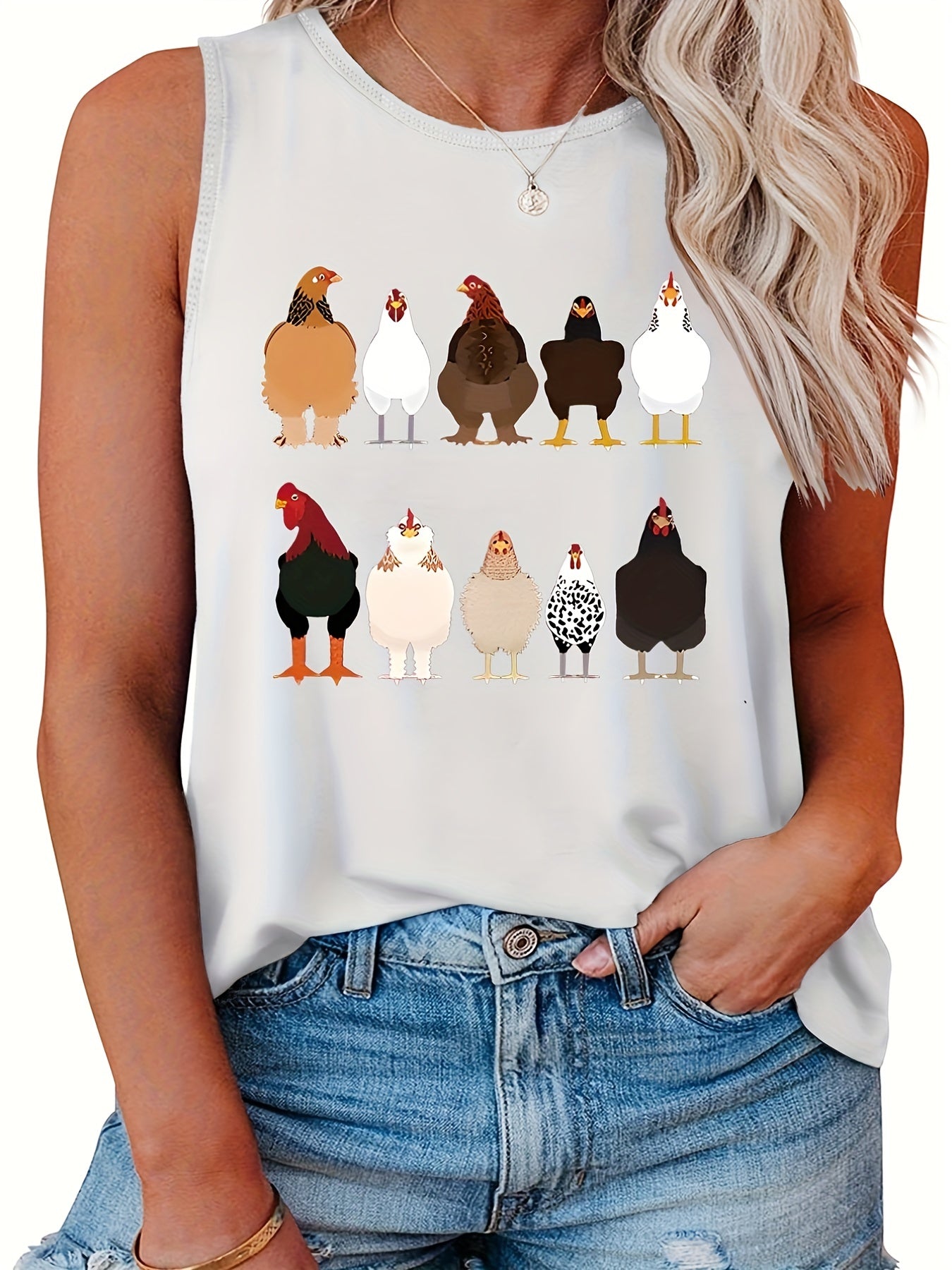  Chicken Print Tank Top Round Neck Casual Slight Stretch