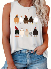  Chicken Print Tank Top Round Neck Casual Slight Stretch