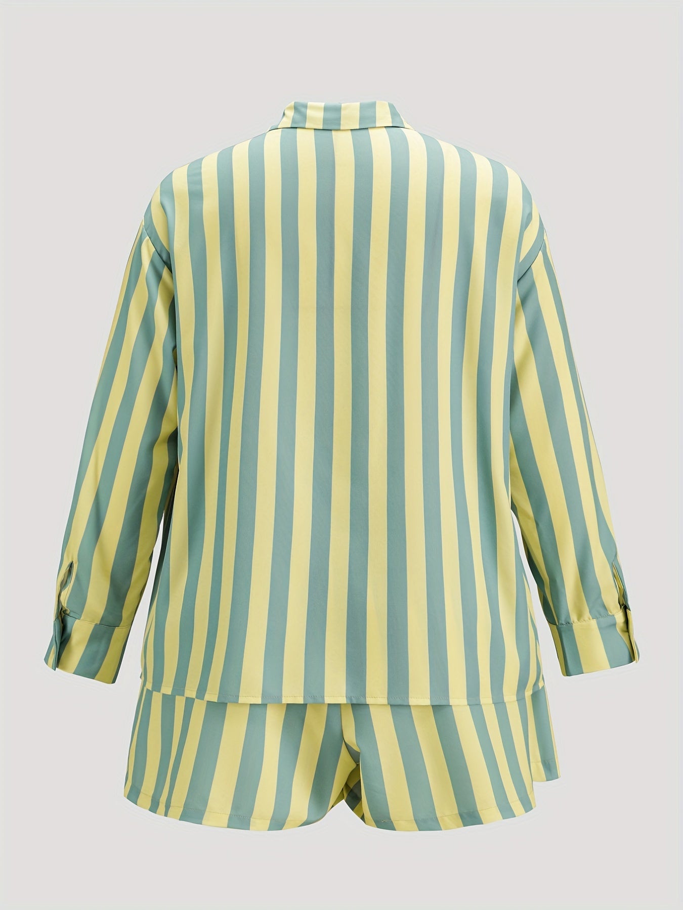  Stripe Print Button Up Blouse & Shorts 2pc Set