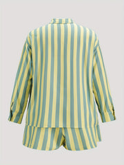  Stripe Print Button Up Blouse & Shorts 2pc Set