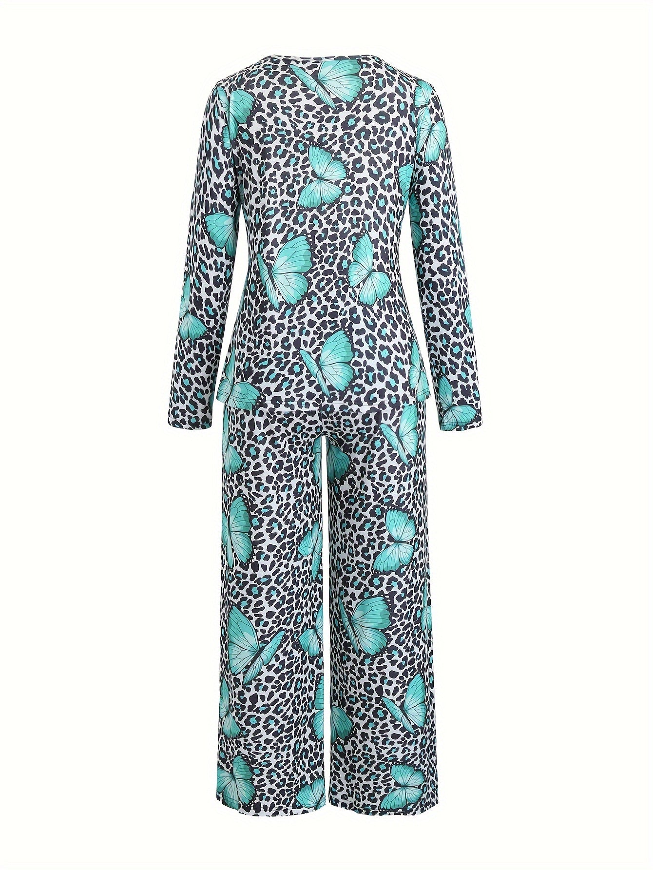  Pajamas Set Women's Plus Leopard & Butterfly Print Tee & Pants 2 Piece