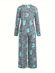  Pajamas Set Women's Plus Leopard & Butterfly Print Tee & Pants 2 Piece
