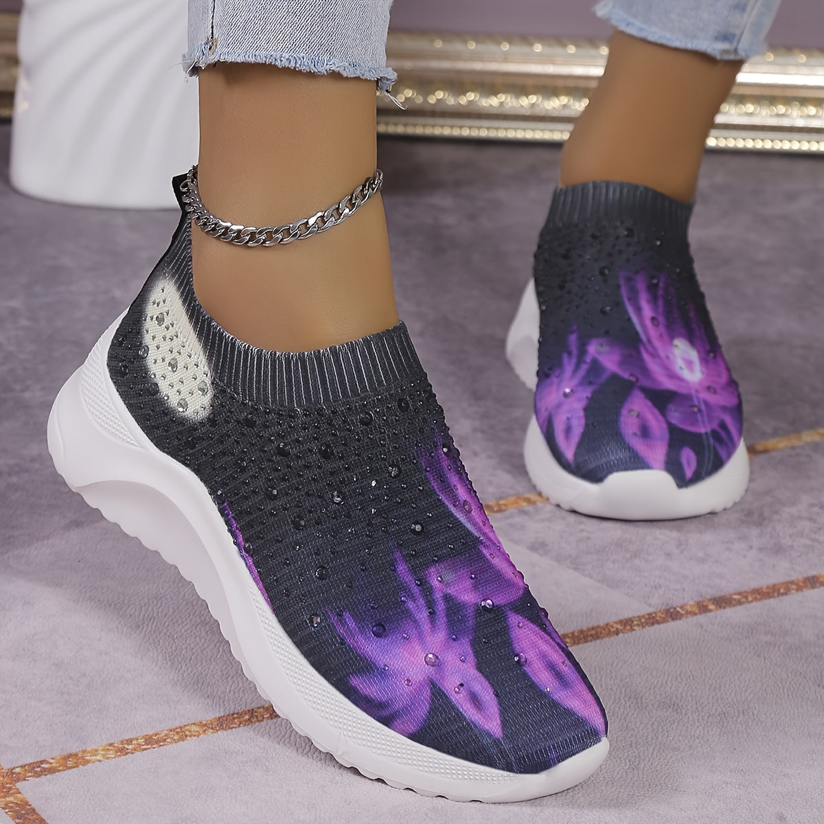 Rhinestone Decor Floral Sneakers Low Top Slip On Knit Sock Shoes