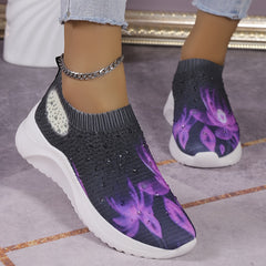 Rhinestone Decor Floral Sneakers Low Top Slip On Knit Sock Shoes