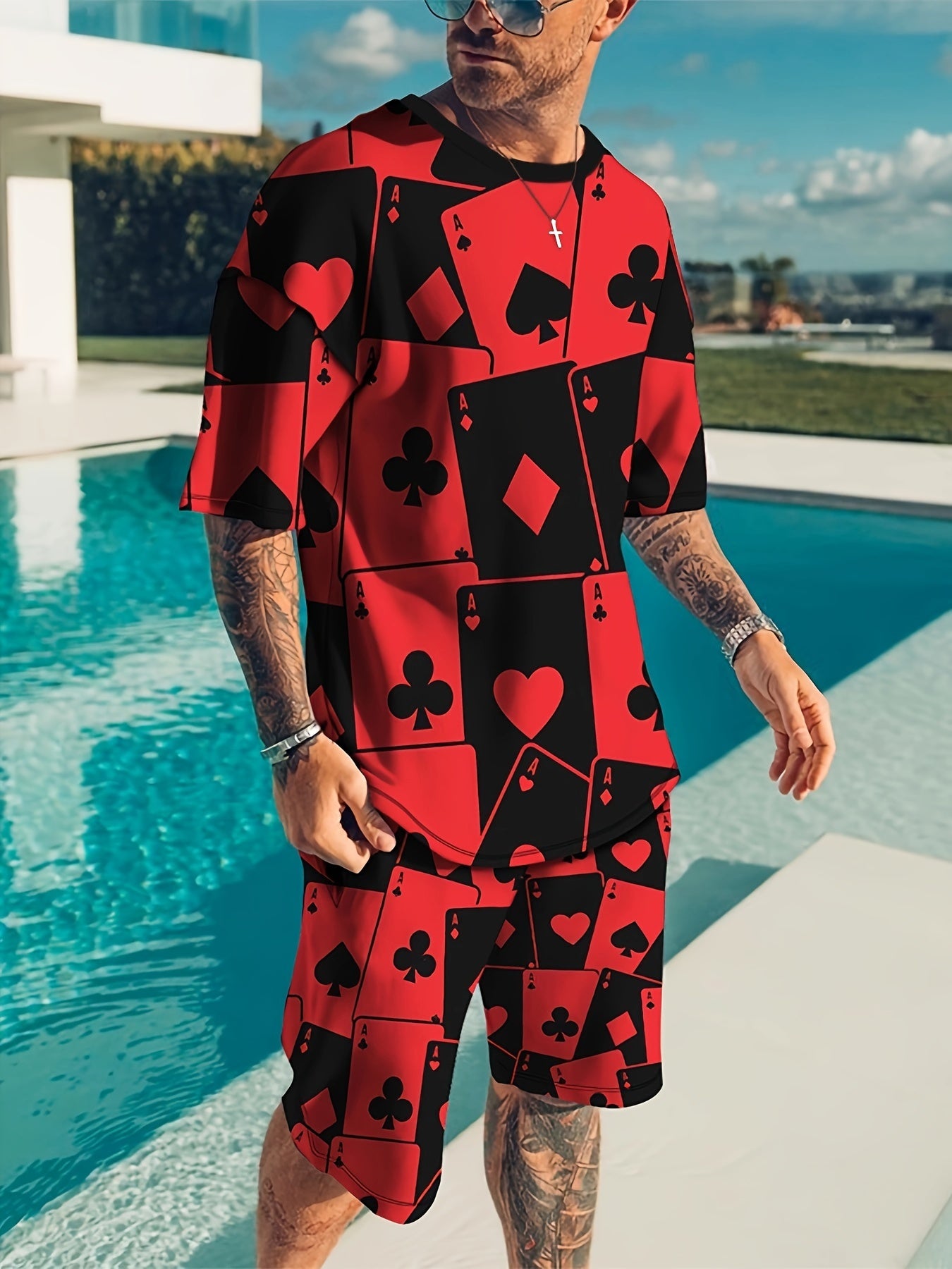Men's Poker Pattern 2-Piece T-shirt & Shorts Set for Summer