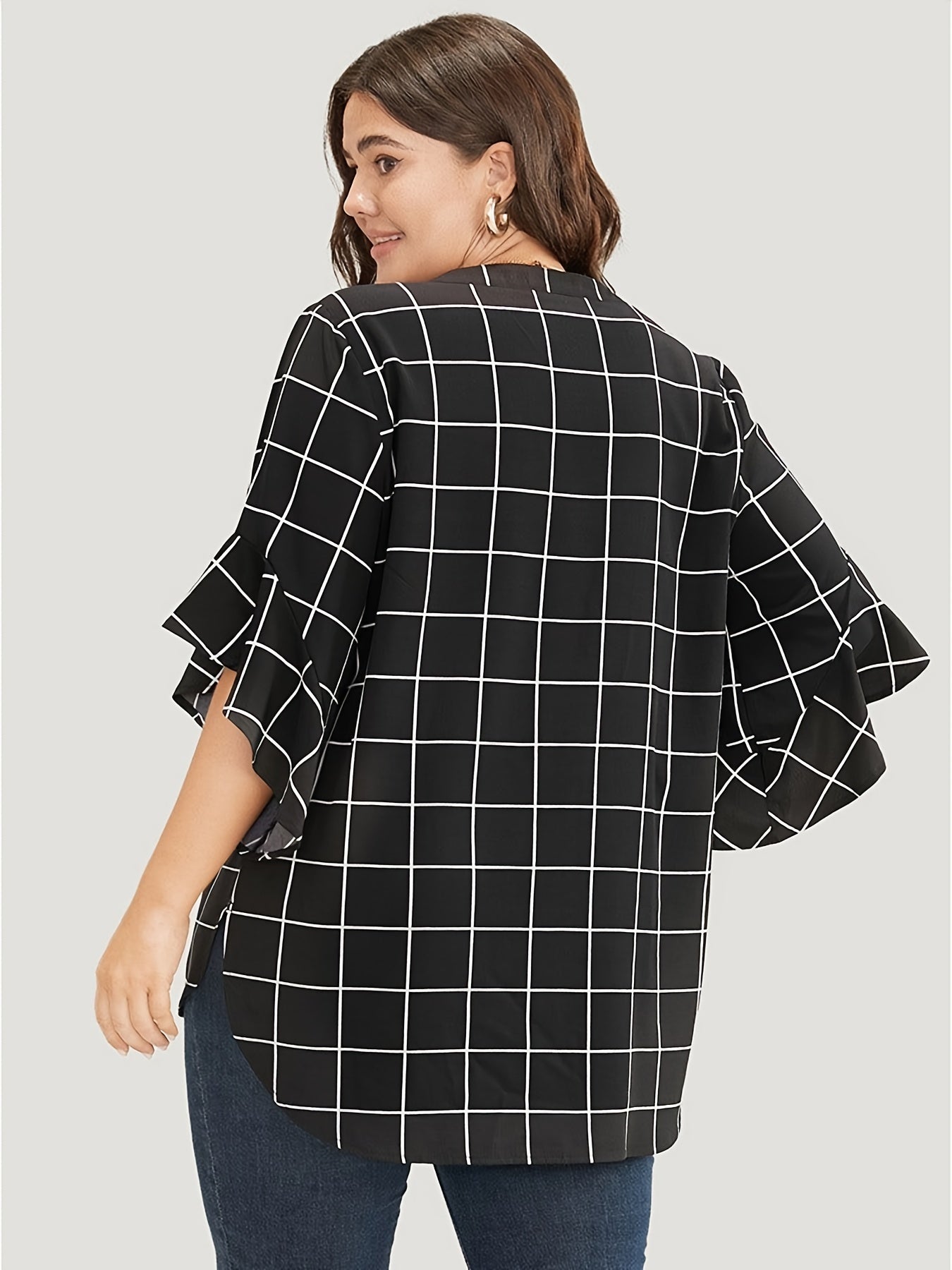  Grid Print Bell Sleeve Blouse