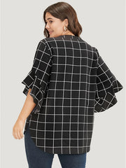  Grid Print Bell Sleeve Blouse
