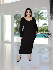 Ribbed Long Sleeve V Neck Maxi Dress
