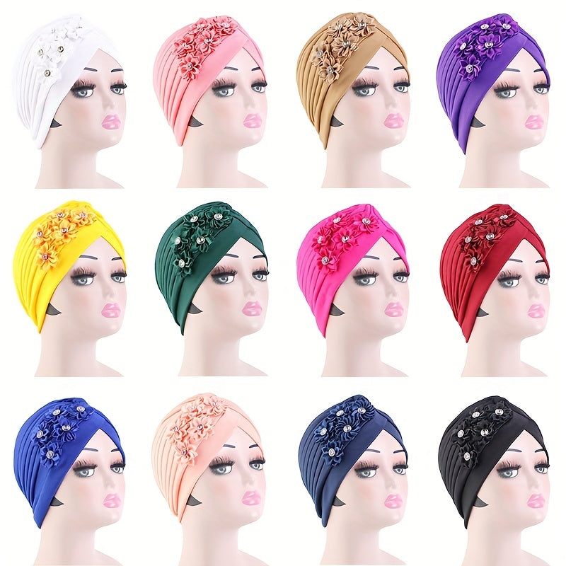 Rhinestone Flower Turban Cap Boho Elastic Head Wrap Beanie Head Scarf