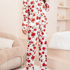 Red Rose Print Pajamas Sets Long Sleeve Top & Pants
