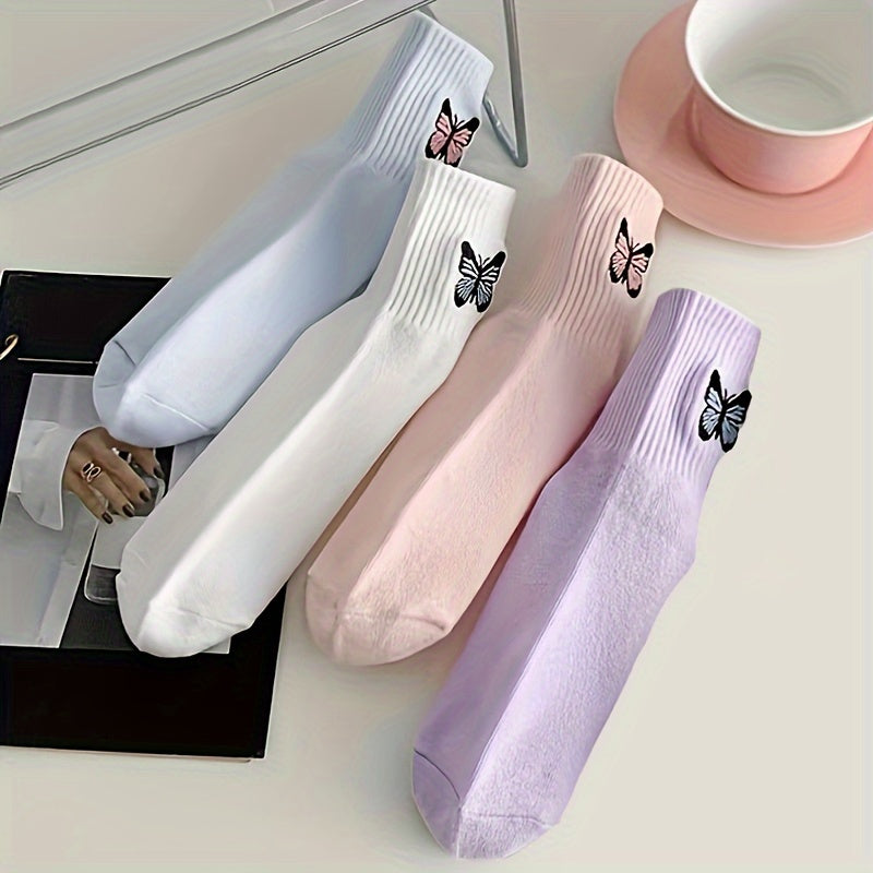 4 Pairs Butterfly Pattern Ribbed Socks Soft Mid Tube Women's Stockings