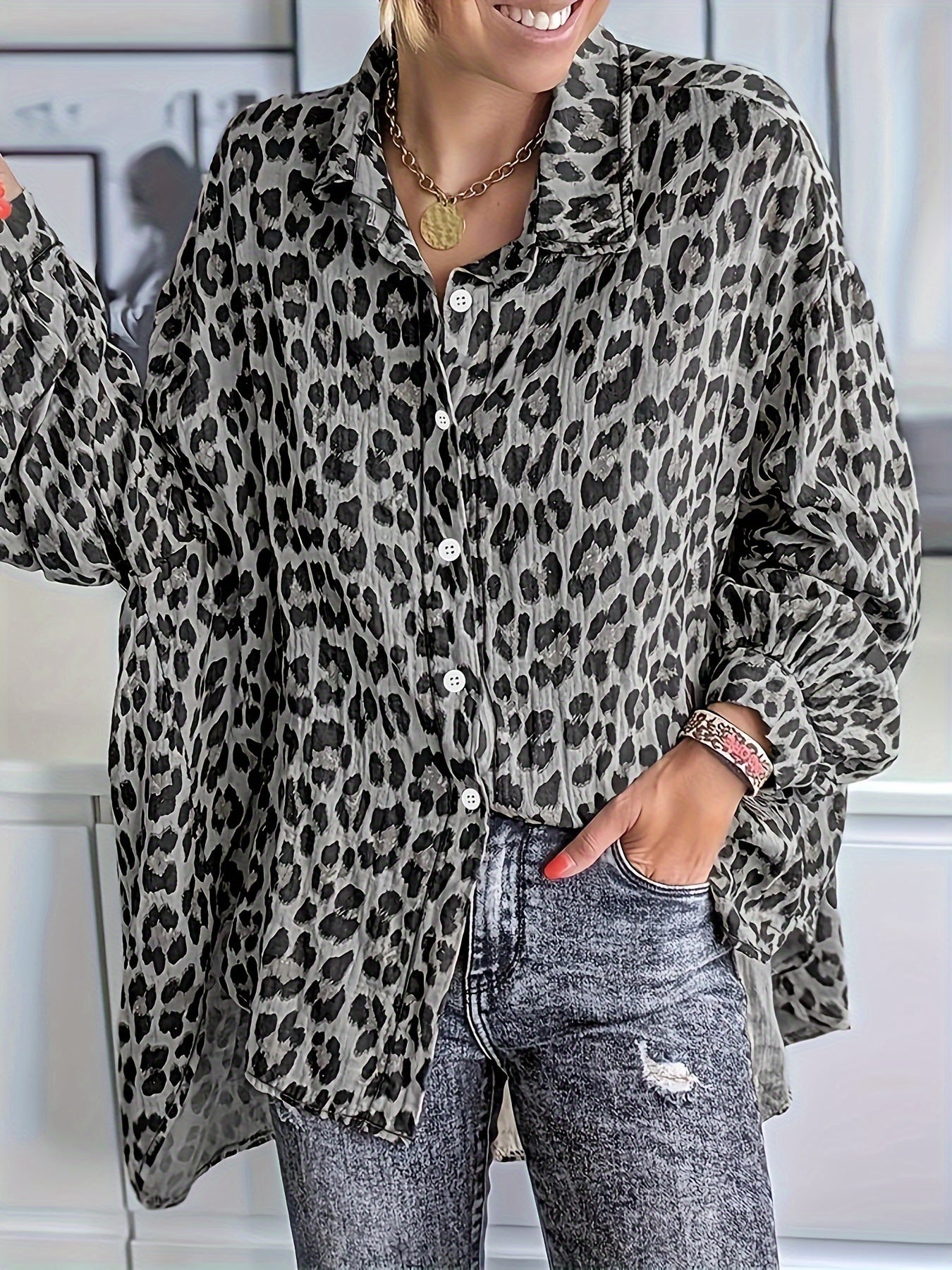  Leopard Print Long Sleeve Button Up Blouse