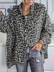  Leopard Print Long Sleeve Button Up Blouse
