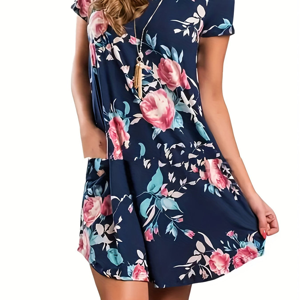 Floral Print Short Sleeve Round Neck Plus Size Mini Dress With Pockets