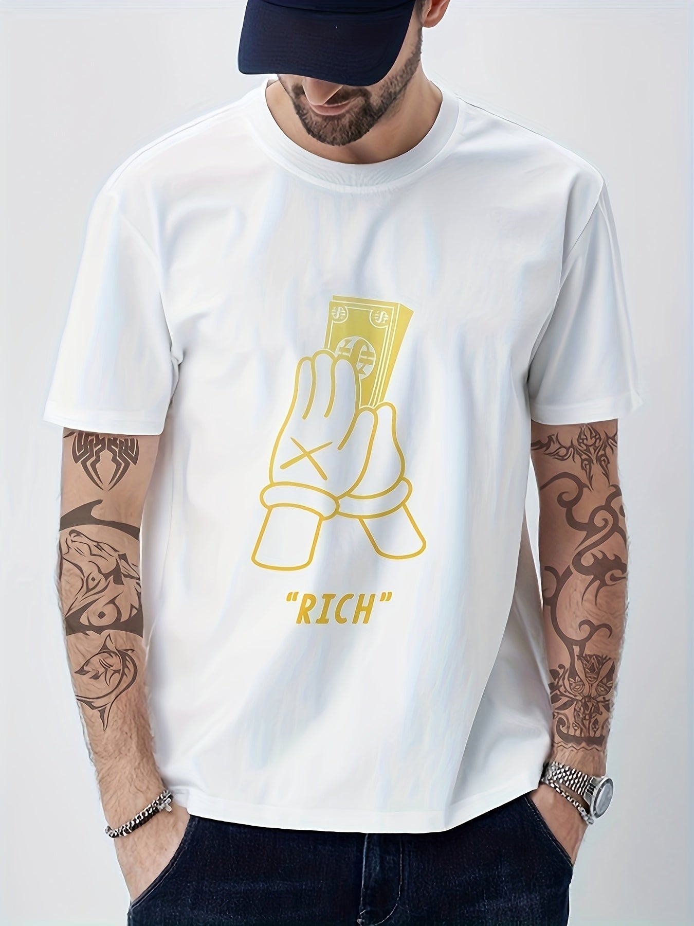 Cotton Pray To Be RICH Money Print Men's Graphic T-shirt