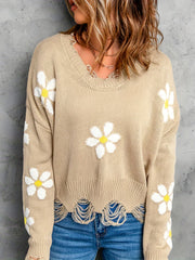  Floral Print Sweater Round Neck Pullover Crop Jumper
